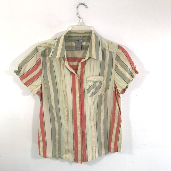 Ruffle Sleeve Button Down Shirt Striped Metallic M IB Diffusion - Picture 2 of 8